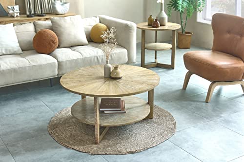 Round Oak Wood Coffee Table, Natural Boho Round Wooden Coffee Tables Living Room with Storage, Solid Light Wood Circle Center Table, Modern Farmhouse Furniture Style, 35.3x35.3x17.8in - Image 6