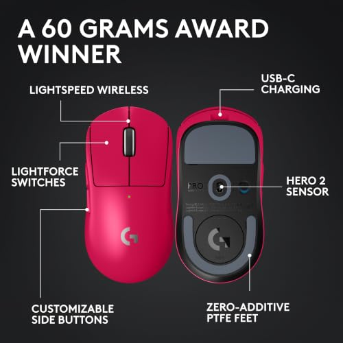 Image of Logitech G PRO X Superlight 2 Wireless Gaming Mouse, 60g Pro-Grade with 5 Programmable Buttons, 44k DPI Sensor, 8kHz Report Rate, USB-C Charging for PC /Mac - Magenta