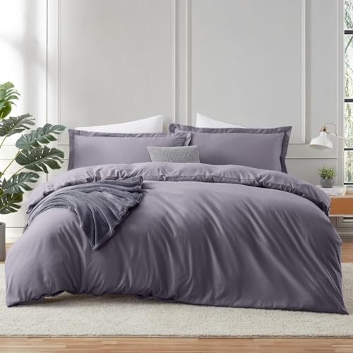 Image of Hearth & Harbor Queen 3-Piece Microfiber Duvet Cover Set, Grayish Purple, Soft Brushed 90x90 inches with Button Closure, 2 Pillow Shams | Soft Double Brushed Bedding Set, Button Closure, 1 Duvet Cover 90x90 Inches, 2 Pillow Shams