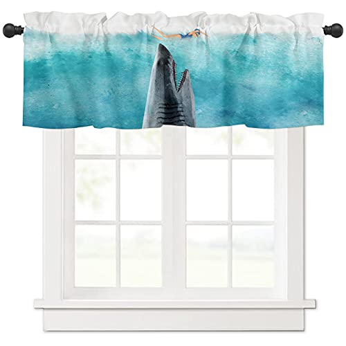 Small Window Treatment Curtain Insulated Blackout Drape Short Panel 54"X18" Half Window Curtain Tiers For Kitchen Bathroom Small Window Valance, Funny Shark Beach Nautical Jaws Underwater Theme #TOP4