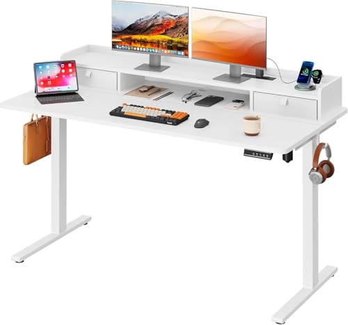 Image of DEVAISE 55 Inch Electric Standing Desk with Shelf, Adjustable Computer Desk for Home Office, with LED Touchscreen, Headphone Hook, 3 Memory Preset, with One-Piece Desktop, White
