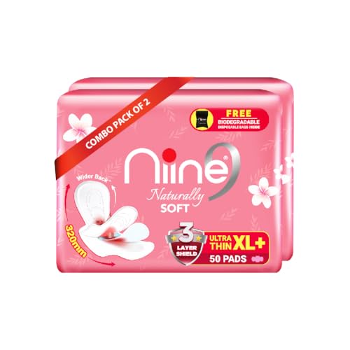 Image of NIINE Naturally Soft Ultra Thin XL+ Sanitary Napkins for Heavy Flow (Pack of 2) 100 Pads with Free Biodegradable Disposal Bags
