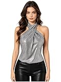 dPois Mujer Top Halter En Cruz Brillante Camisas Sin Mangas Y2k Salir para La Discoteca Color Sólido Rave Plata L