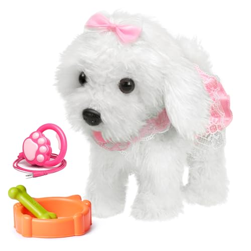 OR OR TU Walking Barking Toy Dog with Remote Control Leash, Plush Puppy Electronic Interactive Toys for Kids, Shake Tail,Pretend Dress Up Realistic Stuffed Animal Dog Age 3 4 5 6+ Years Old Best Gift