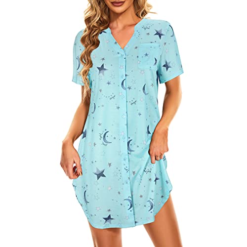 Zando V Neck Sexy Nightgowns For Women Short Sleeve Button Down Sleep Shirts For Women Night Gowns For Adult Women Womens Nightgown Women's Nightgowns & Sleepshirts Green Star Xx-Large #TOP1