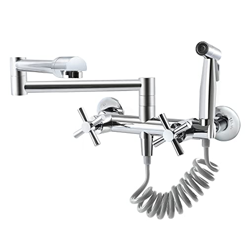 DOLGABA Torneiras De Cozinha De Parede Com Pulverizador, Torneira De Pia De Cozinha Comercial Central De 8 Polegadas, 2 Alças Cruzadas, Torneira Dobrável Giratória De 360° Com Braços Oscilantes De J
