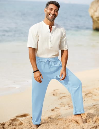 Image of iWoo Linen Pants Men Casual 2025 Summer Beach Elastic Drawstring Waist Yoga Pants Travel Baggy Work Pant Pajama