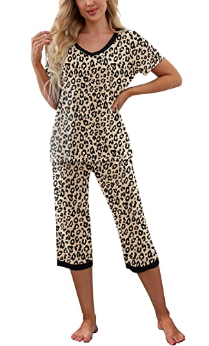 Prinstory Women's Pajama Set Short Sleeve Shirt And Capri Pants Sleepwear Pjs Sets With Pockets Fp-Leopard Khaki-X-Large #TOP1