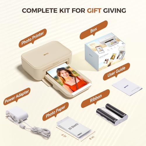 iDPRT 4×6 Photo Printer, Portable Color Picture Printer, Thermal Sublimation Mini Picture Printer, Bundle 20 Sheets Photo Paper & 1 Ribbon Cassette, Photo Printer for iPhone & Android