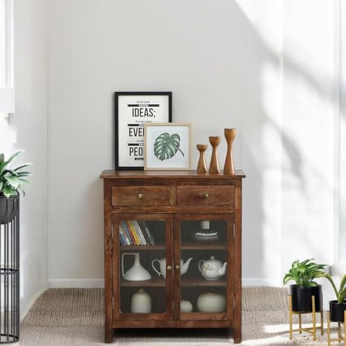Image of Solid Wood Madrid Crockery Cabinet with Drawers | Kitchen Cabinet | Wooden Cabinet with Glass Doors | Finish- Tubaq