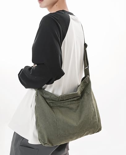 Image of Cotton Tote Handbag Women Canvas Crossbody Beach Bag Hobo Shoulder Tote Bag with 3 External Pocket,Zipper Closure