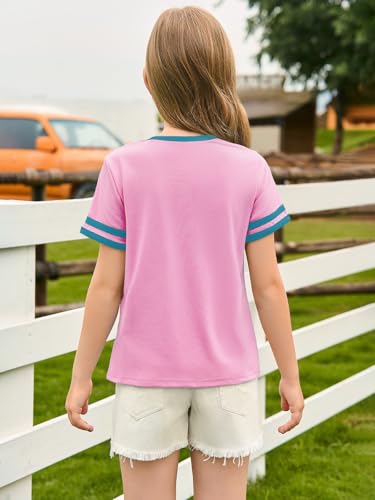 Image of Haloumoning Girls Short Sleeve T Shirts Kids Summer Crewneck Color Block Tops Fashion Tees 5-14 Years