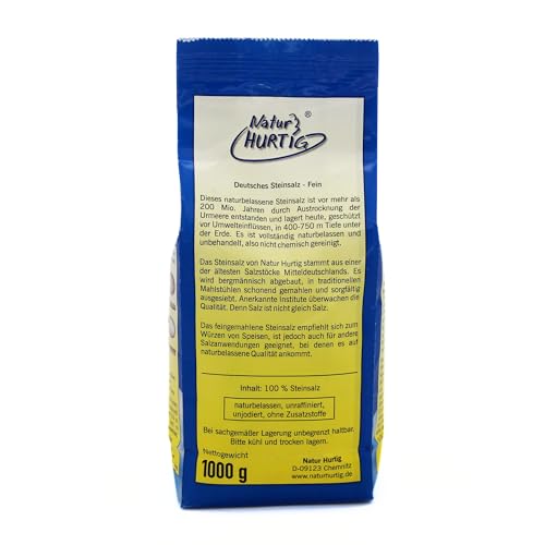 Natur Hurtig Deutsches Steinsalz Fein 1 kg | Naturbelassen, unraffiniert und ohne Zusatzstoffe | Unbehandeltes Ursalz aus Deutschland