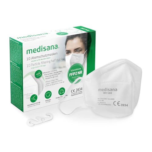medisana FFP2 Atemschutzmaske Staubmaske Atemmaske, RM 100, Staubschutzmaske Mundschutzmaske 10 Stück einzelverpackt im PE-Beutel mit Clip - zertifiziert CE2834 - EU 2016/425 - TÜV geprüft