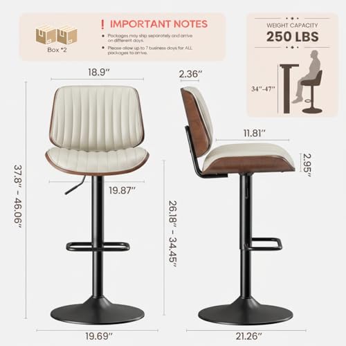 Image of MALOL Bar Stools Set of 4, Adjustable Counter Height Bar Chairs 26 inch-34.5 inch with Swivel & Footrest, Modern Faux Leather Barstools for Kitchen Island, Dining Room,Pub,Beige