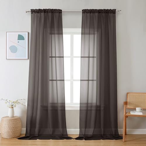 Image of Chyhomenyc Sheer Chocolate Brown Curtains 90 inches Long 2 Panels, Light Filtering Soft Airy Solid Elegant Voile Window Treatment Drapes for Bedroom Living Room Wedding Party Decor, 42 Wx90 L Inches