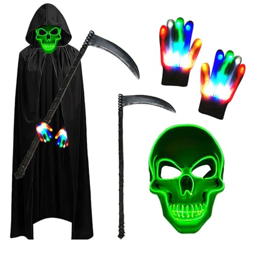 Anyingkai Halloween Sensenmann Kostüm Set,Halloween Kostüm Jungen Mit LED Halloween Maske Totenkopf,Led handschuhe...