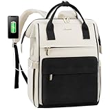 LOVEVOOK Laptop Backpack for Women, 17 Inch Work Teacher Nurse Bag, Large Capacity Business Computer Backpack Purse with USB Port, Stylish Casual Daypack for Travel,Beige&Black