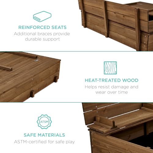 Image of Best Choice Products Large Outdoor Wooden Sand Box for Kids, Sandbox with Cover, Bench Seats Support up to 220 lbs, Bottom Liner for Drainage, Cedar Wood - Walnut
