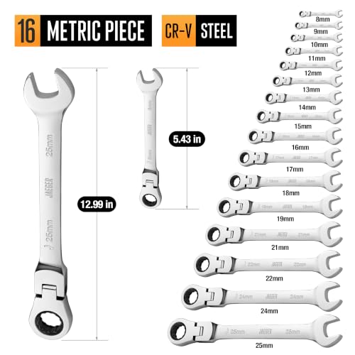 Image of Jaeger 16pc MM /Metric Flex Head TIGHTSPOT Ratcheting Combination Wrench Set With Lock-In Rack - Metric Flexhead MASTER SET With Flexible Ratchet Speed Wrenches And A Lock-In Rack Case