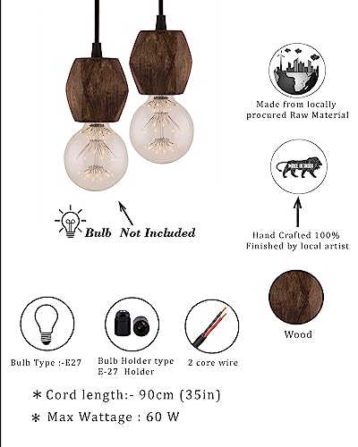 Image of HomesakeWooden Walnut Finish Hanging Holder Lamp, Hexagon, Set of 2