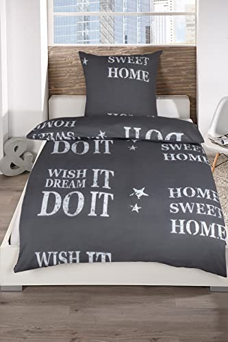 MB Warenhandel24 Bettwäsche Home Sweet Home Anthrazit Renforcé 100% Baumwolle 135x200 Bettbezug + 80x80 Kissenbezug mit Reißverschluss (4 teilig 2X ca. 135x200 + 2X ca. 80x80 cm)
