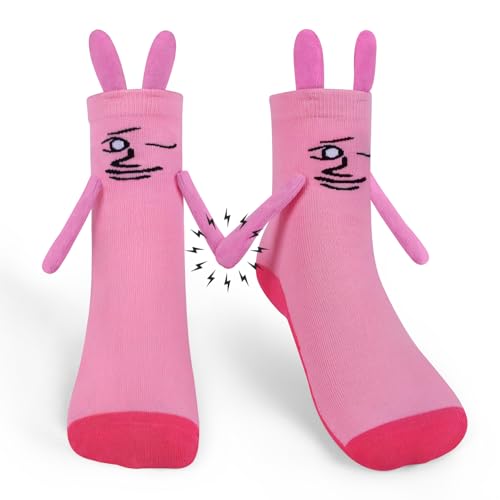Queenshin Lustige Magnetische Baumwolle Socken mit 3D Magnet Händen Damen Hand in Hand Rosa Hasen 35-40 Witzige Geschenkidee für Paare Freunde Familie Cartoon Tier-Design Alltag Party