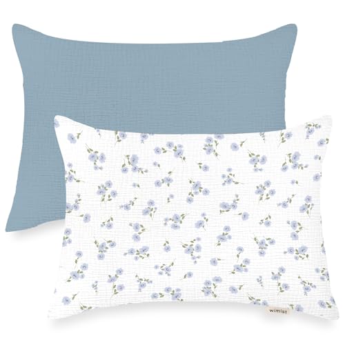 Image of Toddler Pillowcases for 13 inchx18 inch Pillow 2 Pack, Muslin Small Toddler Baby Kids Travel Pillow Covers for Boys Girls with Envelope Closure (Flower I & Light Blue, 13 x 18 Inch)
