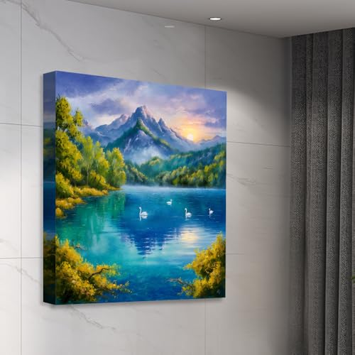 Image of Exsha Mountain Lake Sunset Canvas Painting with Swans, Vibrant Blue & Green Square Wall Art for Living Room, Bedroom, Office Decor|20x20 Inch|Nature Painting for Wall Decoration