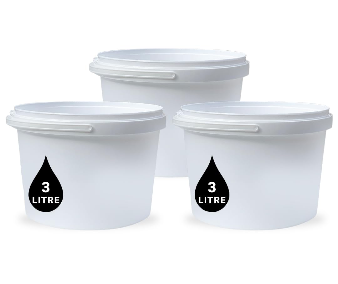 3 x 3L Plastic Bucket Pail + Handle & Lid - Heavy Duty ¦ Food Grade BPA Free ¦ Multi-use Fermentation Feed Dry Food Liquid Chemicals Hydroponics Storage Container WHITE