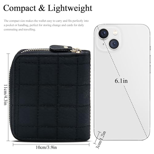LJCZKA Small Wallet for Women Girls Bifold Quilted Leather Pocket Wallet Accordion Card Holder Wallet Compact Wallet (Black)2