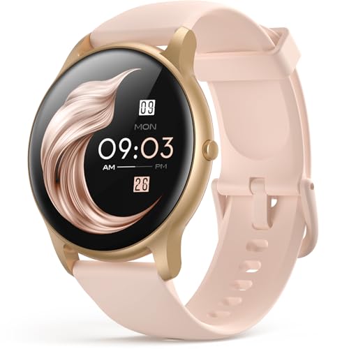 Smart Watch for Women Men, AGPTEK 5ATM Waterproof Fitness Tracker Watch, 1.3” Full Touch Sports Smartwatch with Heart Rate Monitor Message Notification DIY Watch Face for Android iOS Phones (Gold)