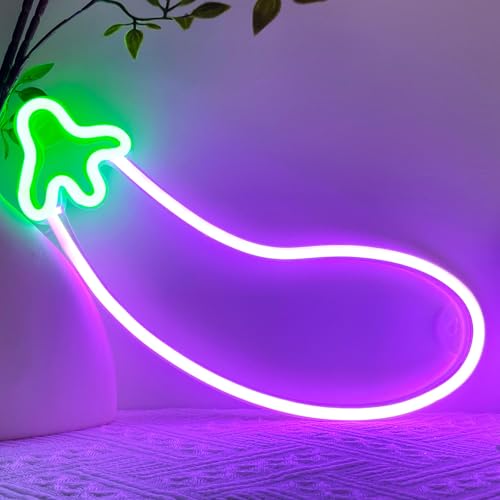 Image of HOHOSIGN Eggplant Neon Sign LED Eggplant Light Neon Signs for Wall Decor Neon Light, Funny USB /Battery Powered LED Sign Night Light for Bedroom Dorm Classroom Game Gaming Gamer Room