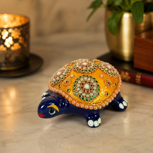 Image of eCraftIndia Handcrafted Decorative Turtle Showpiece for Home Decor | Traditional Stone & Pearl Work Tortoise Figurine | Vastu Feng Shui Tabletop Decorative Accent for Home & Office