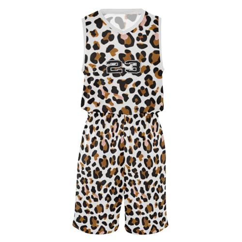 FLildon Leopard White Brown Boys Basketball Jersey Set Tank Top Shorts Tracksuit Sport Training Suit for Kids, XXL
