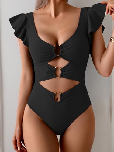 B2prity Women's One Piece Swimsuit Ruffle Sleeve Cut Out Bathing Suit Tie Back High Waisted Swim Suit4