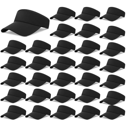 Funnysoft 32 Pack Adjustable Sport Sun Visor Hats Bulk Solid Color Blank Golf Cap Anti Ultraviolet For Beach Tennis Baseball (Black)