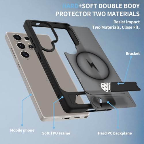 Image of MagPro L Case with Stand for Samsung Galaxy S25 Ultra | Strong Magnetic Compatible Cover, Hybrid Hard PC Back, Soft TPU Bumper, Shockproof Armor, Scratch Resistant | Translucent Matte Black