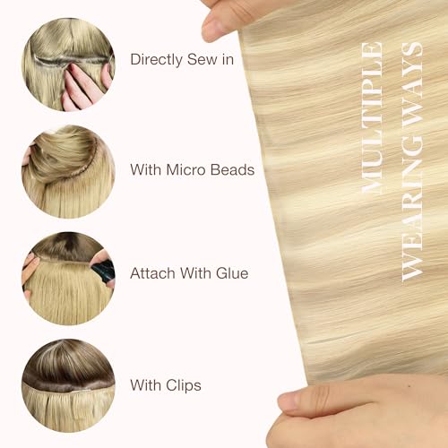 Image of GOO GOO Genius Weft Hair Extensions Human Hair, Sew In Weft Extensions, Seamless Blend & No Bulk Flat, Natural Volume for Women, 18A /613A Dark Blonde Highlighted Bleach Blonde 14 Inch 50g