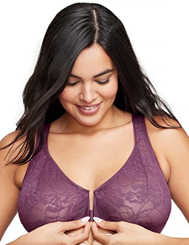 Glamorise Full Figure Plus Size Lacey T-Back Front-Closure Wonderwire Bra Underwire #9246 Black Plum #TOP2