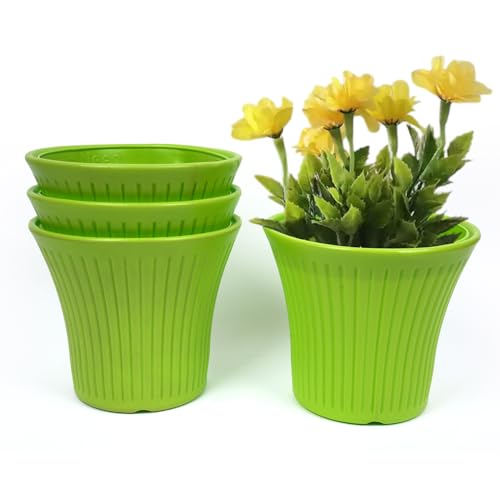 Image of GARDENS NEED 10 Inches Tancy Round Flower Pot | Set of 4 | Lemon Green | Plastic Planter Pots for Indoor & Outdoor Home, Office & Balcony Decoration