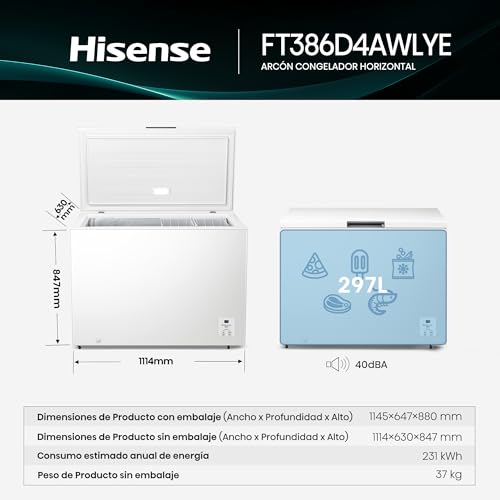 Hisense FT386D4AWLYE - Arcón Congelador Horizontal, Cesta con Asa, Función Dual convertible en Modo Frigorífico, con 297 L de Capacidad Neta, Silencioso, Color Blanco - imagen 2