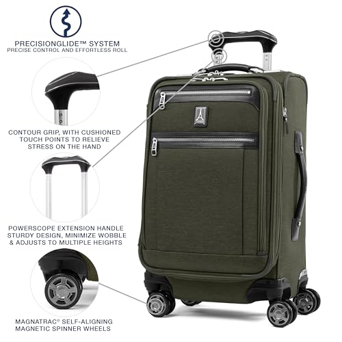 Image of Travelpro Platinum Elite Softside Expandable Carry on Luggage, 8 Wheel Spinner Suitcase, USB Port, Suiter, Men and Women, Pilot Green, Carry On 21-Inch