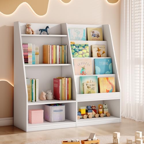 Image of Tatub 4 Tier Kids Wooden Bookshelf and Toy Storage, Children Toy Organizer with Upgraded Book Shelves, Toddler BookRack Baby Bookcase with Upgraded Storage for Nursery, Playroom and Classroom, White