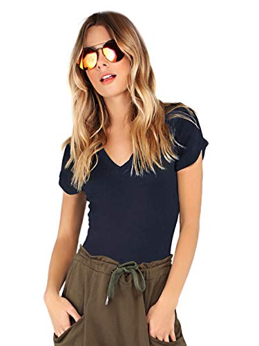 MakeMeChic Women's Short Sleeve Tops Basic V-Neck Leotard Bodysuit Lingerie Blue L