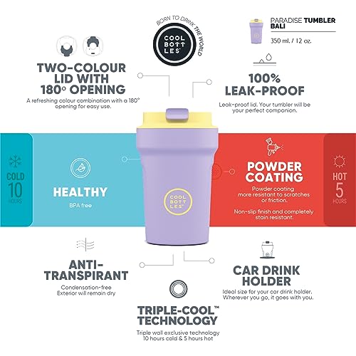 Miniatura 2 de Cool Bottles - Paradise Tumbler - Vaso Térmico De Acero Inoxidable - 350 Ml - Bali - Malva Y Amarillo - Tapa Hermética - Bebidas Frías 10 Horas Y Calientes 5 Horas - Acabado Antimanchas