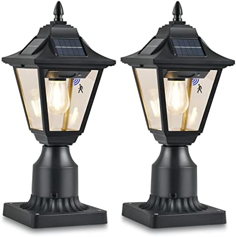 TPSHPTS 2 Pack Solar Post Lights, Motion Sensor Solar Lamp Post Lights, Outdoor Post Lantern with Pier Mount Base, Waterproof Outdoor Solar Lights for Garden Post Pole Mount