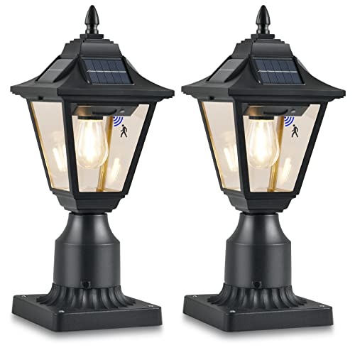 Tpshpts 2 Pack Solar Post Lights, Motion Sensor Solar Lamp Post Lights, Outdoor Post Lantern With Pier Mount Base, Waterproof Outdoor Solar Lights For Garden Post Pole Mount #TOP1