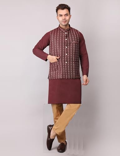 Image of Men's Cotton Silk Blend Regular Kurta Pyjama, Embroidered Nehru Jacket /Waistcoat Set
