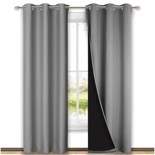 NICETOWN Silver Grey Full Shade Curtain Panels, Pair of Thermal Insulated & Energy Efficiency Blackout Curtains for Living Room Windows, Lined Silky P